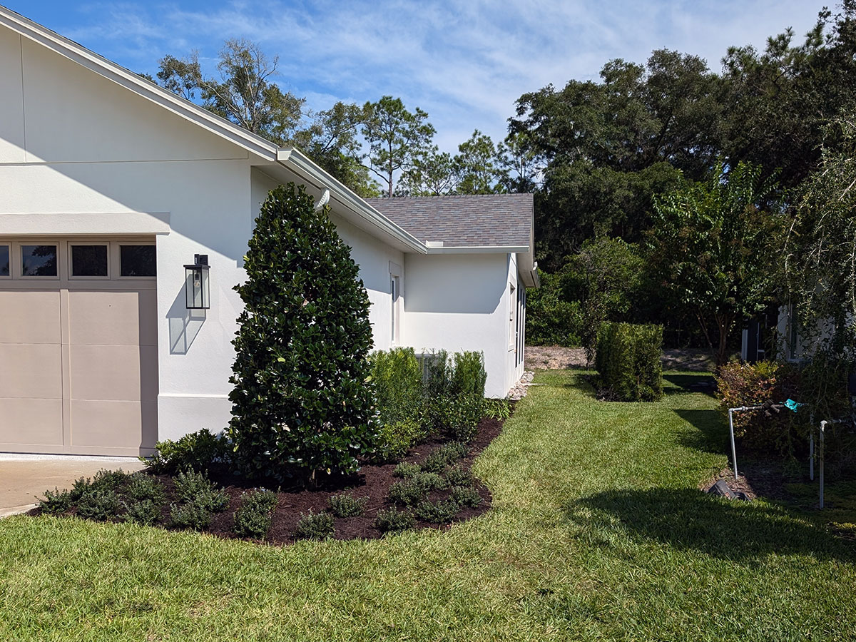 Completed landscape installation project with new trees, shrubs, mulch beds, and lawn in Lake Mary, Florida